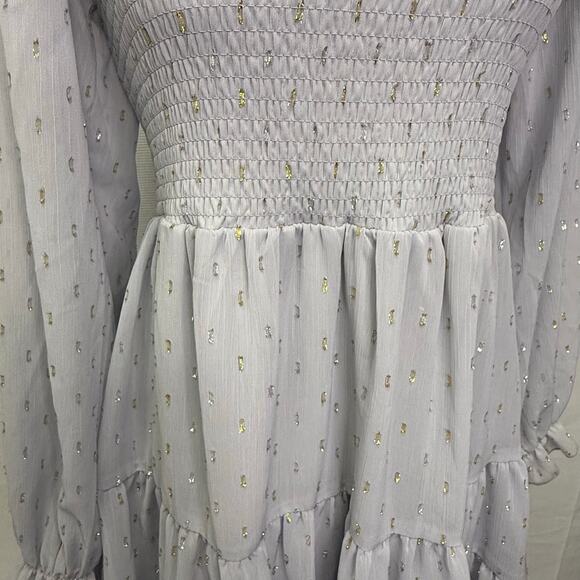 Altar’d State Smocked Babydoll Mini Dress Long Sleeve Silver Gold Dots Small - Picture 6 of 9